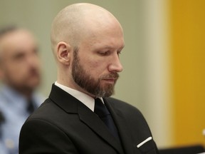 A Thursday Jan. 12, 2017 file photo showing Anders Behring Breivik, as he sits in court on the third day of the appeal case in Borgarting Court of Appeal at Telemark prison in Skien, Norway.