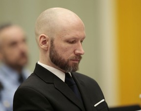 A Thursday Jan. 12, 2017 file photo showing Anders Behring Breivik, as he sits in court on the third day of the appeal case in Borgarting Court of Appeal at Telemark prison in Skien, Norway.