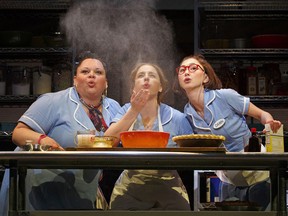 Keala Settle, left, Jessie Mueller and Kimiko Glenn, right, during a performance of "Waitress," at the Brooks Atkinson Theatre in New York.