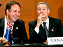 Canada's Minister of International Trade Francois-Philippe Champagne, right, talks with Australian Trade Mnister Steven Ciobo after a Trans-Pacific Partnership meeting in Viña del Mar, Chile, Wednesday, March 15, 2017.