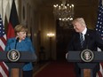 U.S. President Donald Trump and German Chancellor Angela Merkel hold a joint press conference in the East Room of the White House in Washington, DC, on March 17, 2017.