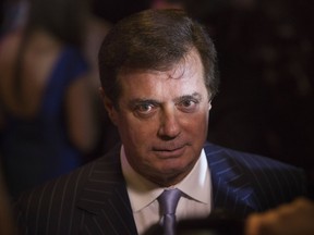 Paul Manafort speaks with the press during an election night event in New York, U.S., on Tuesday, April 19, 2016
