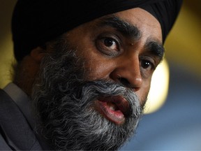 Defence Minister Harjit Sajjan holds a press conference in the foyer of the House of Commons on Parliament Hill in Ottawa on March 6, 2017.