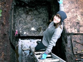 Alisha Gauvreau discussing 6,726-6,674 year old tsunami layer (grey sand), March, 27, 2017.