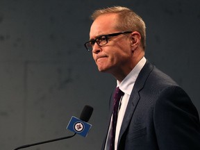 Winnipeg Jets head coach Paul Maurice speaks with media after a home game this month.