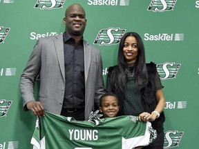 Former NFL rookie of the year and two-time Pro Bowler Vince Young was introduced to reporters at Mosaic Stadium after signing with the Saskatchewan Roughriders on Thursday, March 9, 2017. He brought his wife Candace and son Jordan to Regina for the news conference.