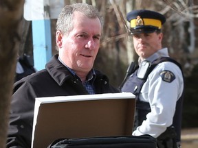 Gerald Stanley, charged with second-degree murder in the August 2016 farmyard shooting death of Colton Boushie, walks out of North Battleford provincial court after his first preliminary hearing on April 3.