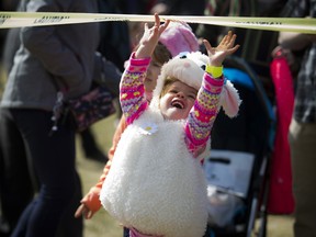 Two and a half year old Cloe Rose Horrigan was all smiles at the Ottawa Egg Drop that took place in the fields at the Canada Aviation and Space Museum Saturday April 15, 2017.