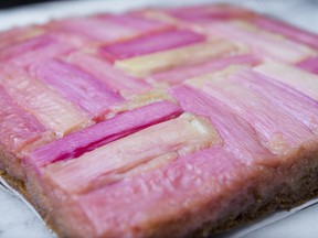 Bonnie Stern's upside down rhubarb design cake.