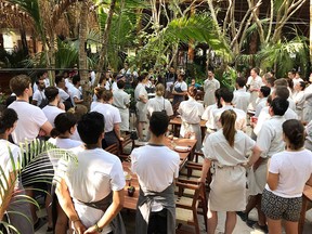 Chef René Redzepi addresses staff on opening night of Noma's residency in Tulum, Mexico. The pop-up will run for seven weeks, from April 12 to May 28, 2017.