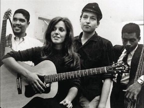 Bruce Langhorne, far left, in an image from a YouTube video with Carolyn Hester, Bob Dylan and Bill Lee in 1961 in a studio in New York.