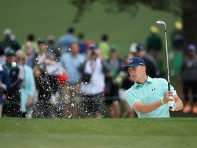 Jordan Spieth of the United States plays a shot from a bunker on the seventh hole during a practice round prior to the start of the 2017 Masters Tournament at Augusta National Golf Club on April 5, 2017 in Augusta, Georgia.