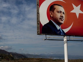 A "EVET" (Yes) campaign billboard showing the portrait of Turkish President Recep Tayyip Erdogan is seen on April 10, 2017 in Rize, Turkey.