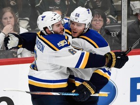 Magnus Paajarvi, right, celebrates his series-winning overtime goal with teammate Joel Edmundson as the St. Louis Blues concluded their series with the Minnesota Wild with a 4-3 win in Game 5 at the Xcel Energy Center on April 22, 2017 in St Paul, Minnesota.