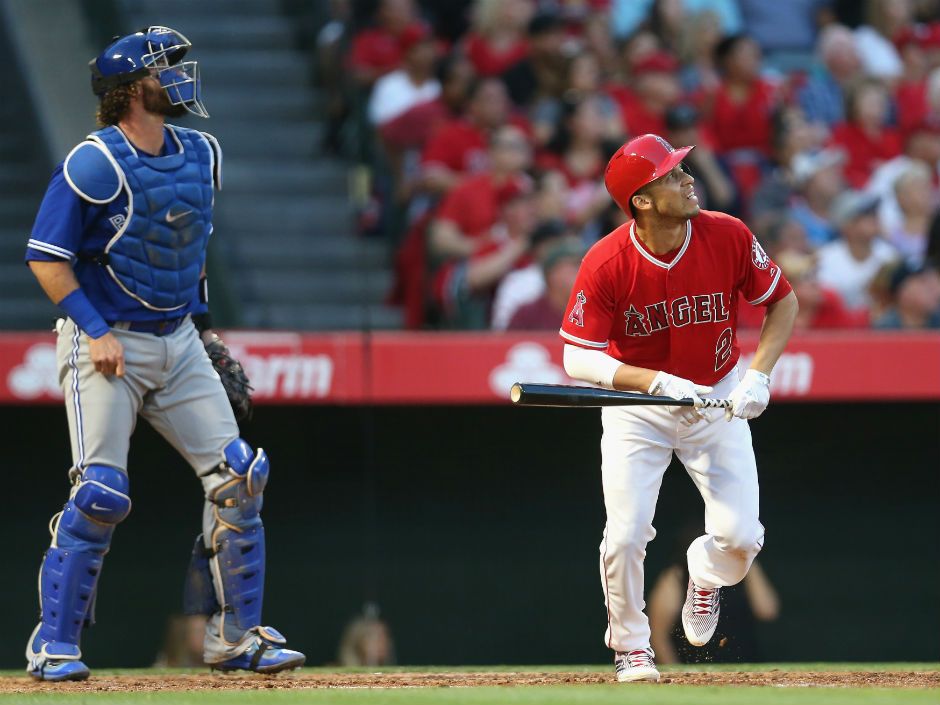 ANAHEIM, CA - APRIL 21: Toronto Blue Jays Shortstop Troy Tulowitzki (2) at  the end of the inning during an MLB game between the Toronto Blue Jays and  the Los Angeles Angels