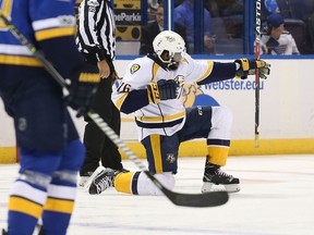P.K. Subban #76 of the Nashville Predators celebrates after scoring a goal against the St. Louis Blues in Game One of the Western Conference Second Round during the 2017 NHL Stanley Cup Playoffs at the Scottrade Center on April 26, 2017 in St. Louis, Missouri.