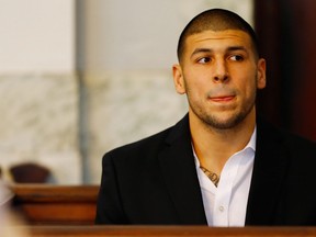 Hernandez in the courtroom of the Attleboro District Court during his hearing on August 22, 2013 in North Attleboro, Massachusetts.