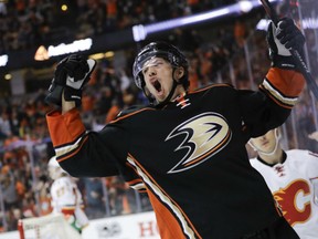 Rickard Rakell of the Anaheim Ducks scores in the second period of Thursday's Game 1 in their West Conference quarter-final in Anaheim. The Ducks were 3-2 winners.