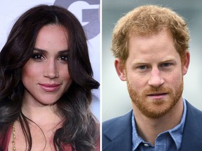 This combination of file photos created in London on November 8, 2016, shows Meghan Markle (L) as she poses on arrival for the GQ Men of the Year Party in Hollywood, California, on November 13, 2012, and Britain's Prince Harry as he arrives at Lord's cricket ground in London on October 7, 2016.