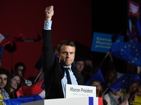 Emmanuel Macron reacts as he gives a speech during a meeting in Arras, on April 26, 2017