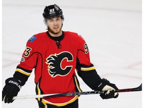 Calgary Flames Sam Bennett reacts after his team gives up a goal to the Anaheim Ducks goal during the 2017 Stanley Cup playoffs in Calgary, Alta., on Wednesday, April 19, 2017.