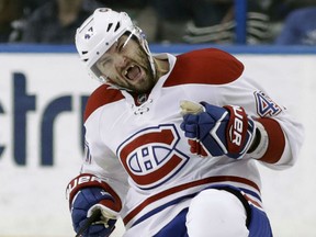 Montreal Canadiens forward Alexander Radulov celebrates his winning goal  against the Tampa Bay Lightning on April 1.