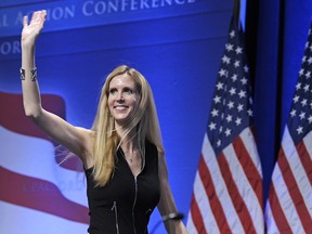 In this Feb. 12, 2011 file photo, Ann Coulter waves to the audience after speaking at the Conservative Political Action Conference (CPAC) in Washington. University of California, Berkeley students who invited Coulter to speak on campus filed a lawsuit Monday April 24, 2017, against the university, saying it is discriminating against conservative speakers and violating students rights to free speech.