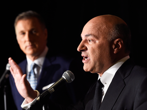 Kevin O’Leary, right, says he wants to work together with the campaign of Maxime Bernier after announcing on Wednesday that he was dropping out of the Conservative leadership race.