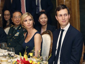 Ivanka Trump is seated with her husband, Jared Kushner during a dinner with President Donald Trump and Chinese President Xi Jinping at Mar-a-Lago in Palm Beach on Thursday, April 6, 2017.