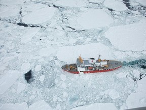 The Canadian Coast Guard's ship the Henry Larsen on an ice-breaking mission earlier this month. The ice-breaker is currently escorting a ferry stuck that was suck for 24 hours.