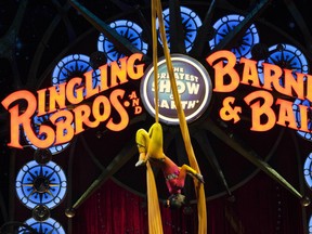 This file photo taken on March 19, 2015 shows a circus performer hanging upside down during a Ringling Bros. and Barnum & Bailey Circus performance in Washington, DC.