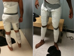 Photos of two men caught smuggling 10 kilograms of cocaine into the U.S. by taping the drugs to their body.