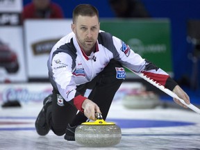 Team Canada skip Brad Gushue curls gainst Russia at the Men's World Curling Championships in Edmonton on April 2.