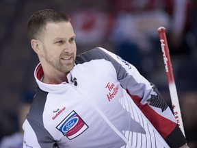 Team Canada skip Brad Gushue reacts to his shot against the Netherlands on April 5.