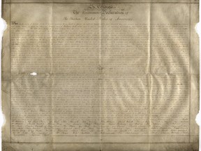 Undated handout photo of a parchment manuscript of the US Declaration of Independence, believed to date from the 1780s and found in a records office in Chichester, southern England.