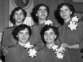 The Dionne quintuplets  in 1952. Front row (left to right) Cecile and Yvonne, and back row (left to right) Marie, Emilie and Annette. On Tuesday night, the fate of the  Ontario home where the Dionne quintuplets were born will be decided by the North Bay city council.