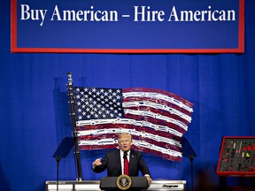 U.S. President Donald Trump speaks during an event at Snap-On Tools Corp. headquarters in Kenosha, Wisconsin, U.S., on Tuesday, April 18, 2017.
