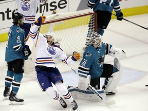 Zack Kassian of the Edmonton Oilers celebrates his goal against San Jose Sharks' goaltender Martin Jones during Sunday's Game 3 of their West Conference quarter-final in San Jose. Cam Talbot had 23 savees for the shutout as the Oilers posted a 1-0 victory to take a 2-1 edge in the series.