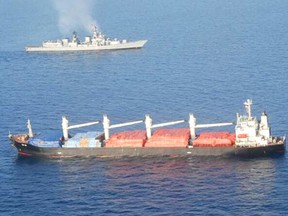 INS Mumbai and the bulk carrier, MV OS 35 in the Gulf of Aden