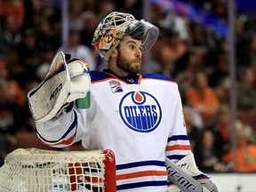 Edmonton Oilers goalie Cam Talbot looks on against the Anaheim Ducks on April 28.