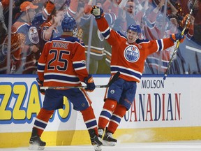Connor McDavid, right, of the Edmonton Oilers celebrates a shorthanded goal with Darnell Nurse during Game 2 action in the West Conference quarter-final against the San Jose Sharks Friday night in Edmonton. The Oilers won 2-0 to even up the series at 1-1 heading to San Jose for Game 3 Sunday night.
