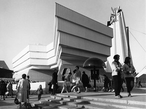 People walk in front of the British Pavilion at Expo 67 on April 27, 1967. It was five decades ago that Montreal welcomed the world to Expo 67, an international exhibition and iconic event that saw millions of visitors flock to the city over six months.