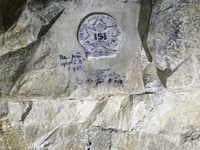 The carving, depicting the insignia of the 151st Battalion (Central Alberta) was etched into a chalk wall before the Battle of Vimy Ridge by Pvt. Thomas Albin Snelgrove.
