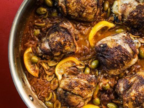 These chicken thighs with onions and green olives hit nice notes of savoury, sweet, tart and salty.