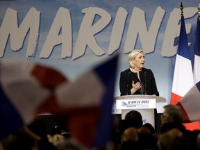 Far-right candidate for the presidential election Marine Le Pen speaks during a campaign meeting in Perpignan, southwestern France, Saturday, April, 15, 2017