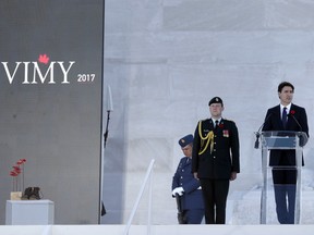 Prime Minister Justin Trudeau addresses the audience during a ceremony marking the 100th anniversary of the Battle of Vimy Ridge at the WWI Canadian National Vimy Memorial