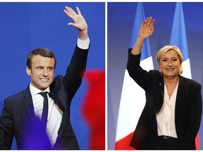 In this photo combination, French centrist presidential candidate Emmanuel Macron waves before he addresses his supporters at his election day headquarters in Paris, Sunday April 23, 2017, left, and far-right candidate for the presidential election Marine Le Pen waves at supporters after she delivers a speech during a meeting in Bordeaux, southwestern France, Sunday, April 2, 2017, right.
