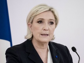 Marine Le Pen, leader of the French National Front and France's presidential candidate, speaks during an election campaign event in Paris, France, on April 10, 2017.