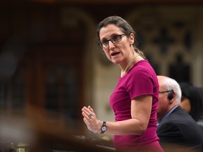 Minister of Foreign Affairs Chrystia Freeland responds to a question in the House of Commons on Parliament Hill in Ottawa on Thursday, April 13, 2017.