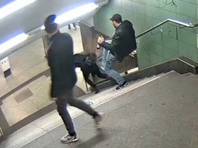 A man identified as Swetoslaw S. kicks a woman from the back in a underground station in Berlin.